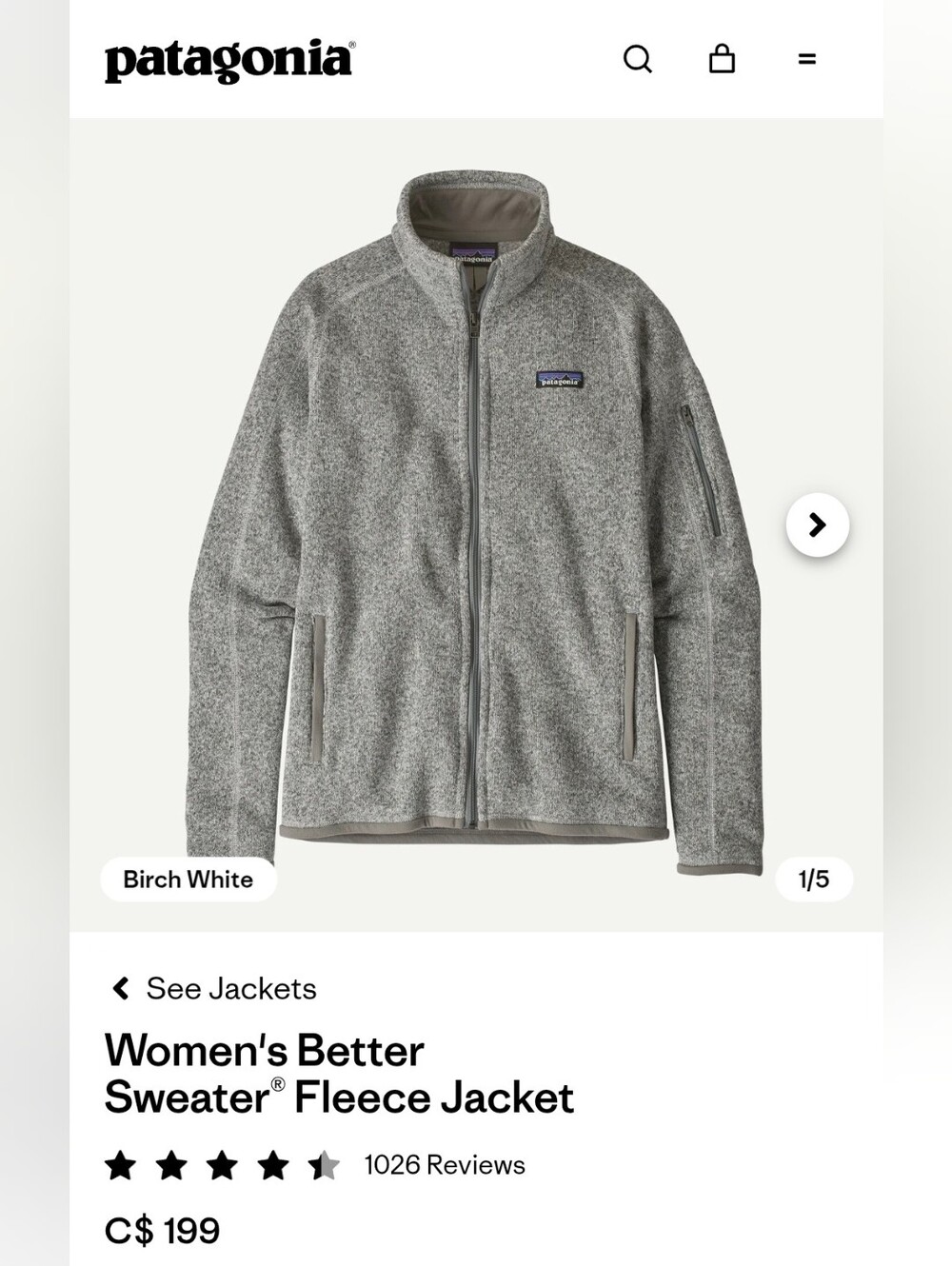 NWT Patagonia Better Sweater Fleece Jacket — XS, Birch White Heather